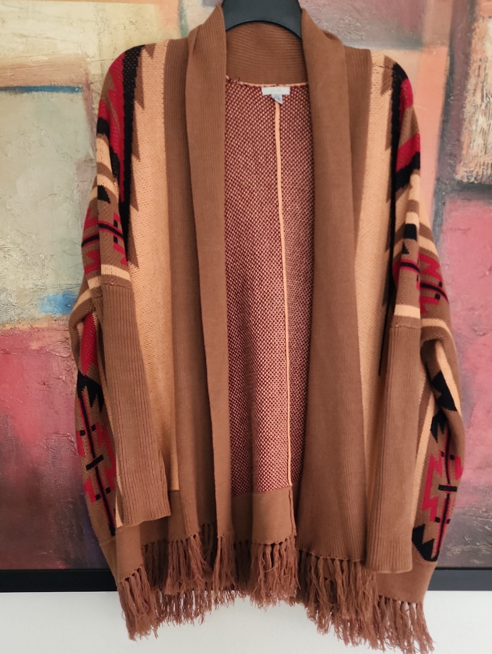 Ecote Camel Southwestern Aztec Fringe Open Front Oversized Poncho Cardigan